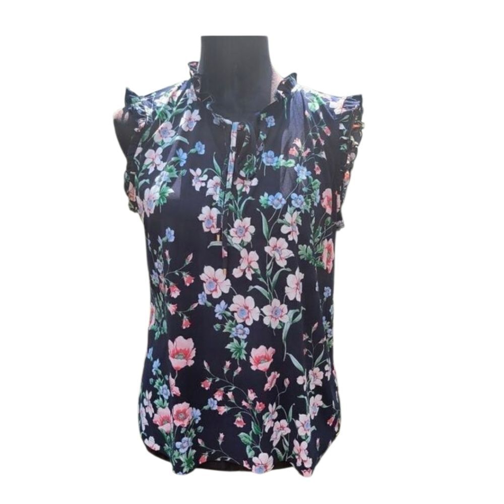 Tommy Hilfiger Women's Blue Pink Floral Ruffle Tie Neck Tank Tops Size Large